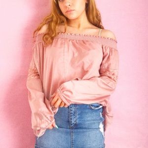 off the shoulder rose gold shirt